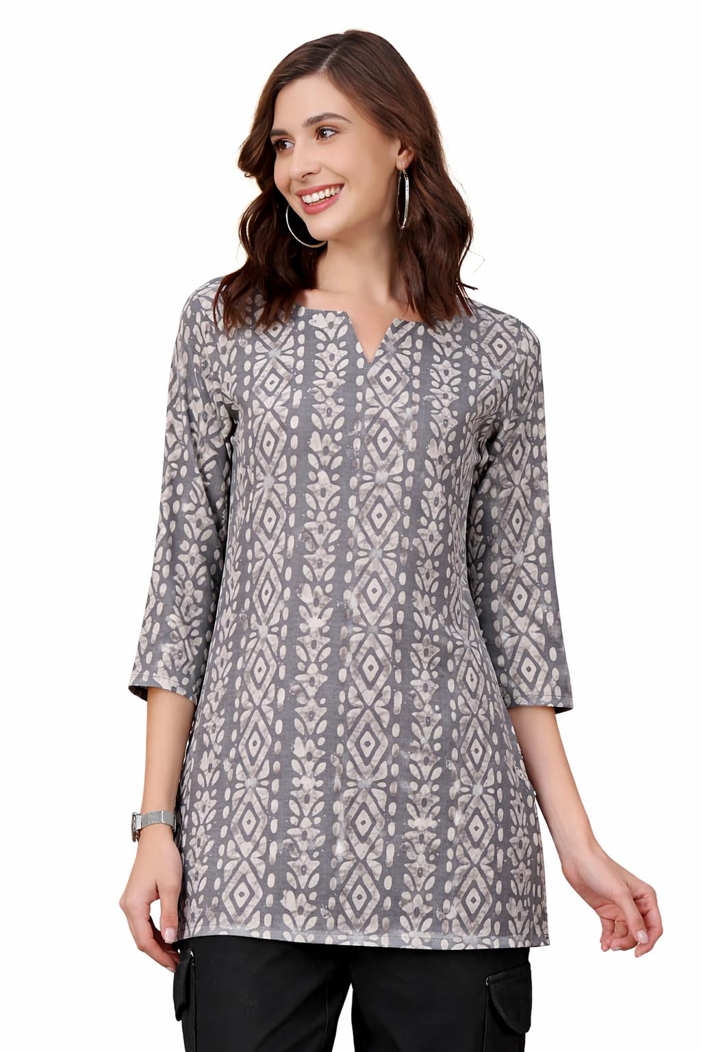 AK Fahion Mall Women Printed Cotton Blend Kurti Top in Grey Color-picture-19