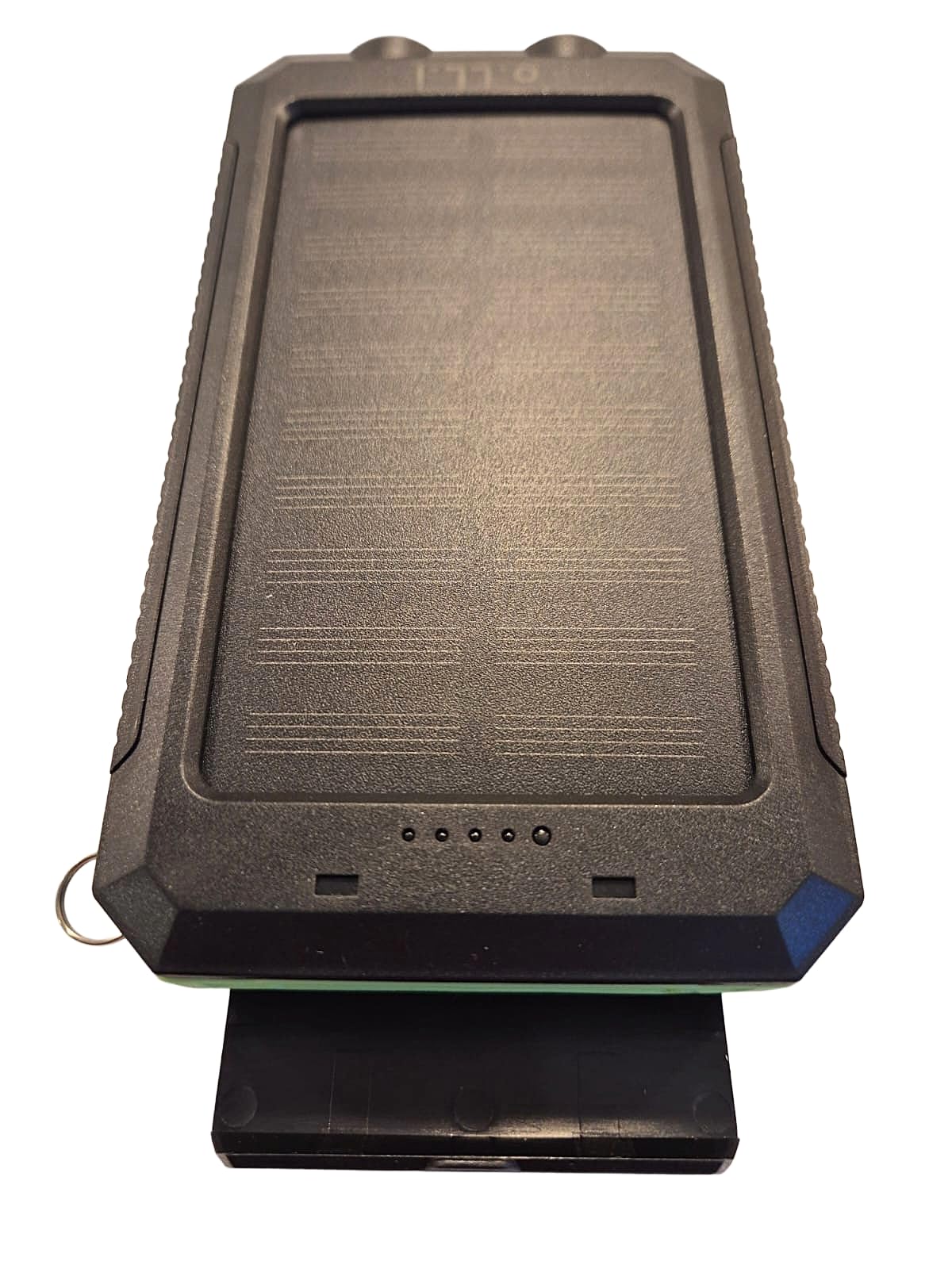 o.LL.i. Power Bank. Banca di energia solare portatile da 20.000 mAh, resistente all'acqua e agli urti, caricabatterie per dispositivi mobili. Torcia e stregola. Nero e verde