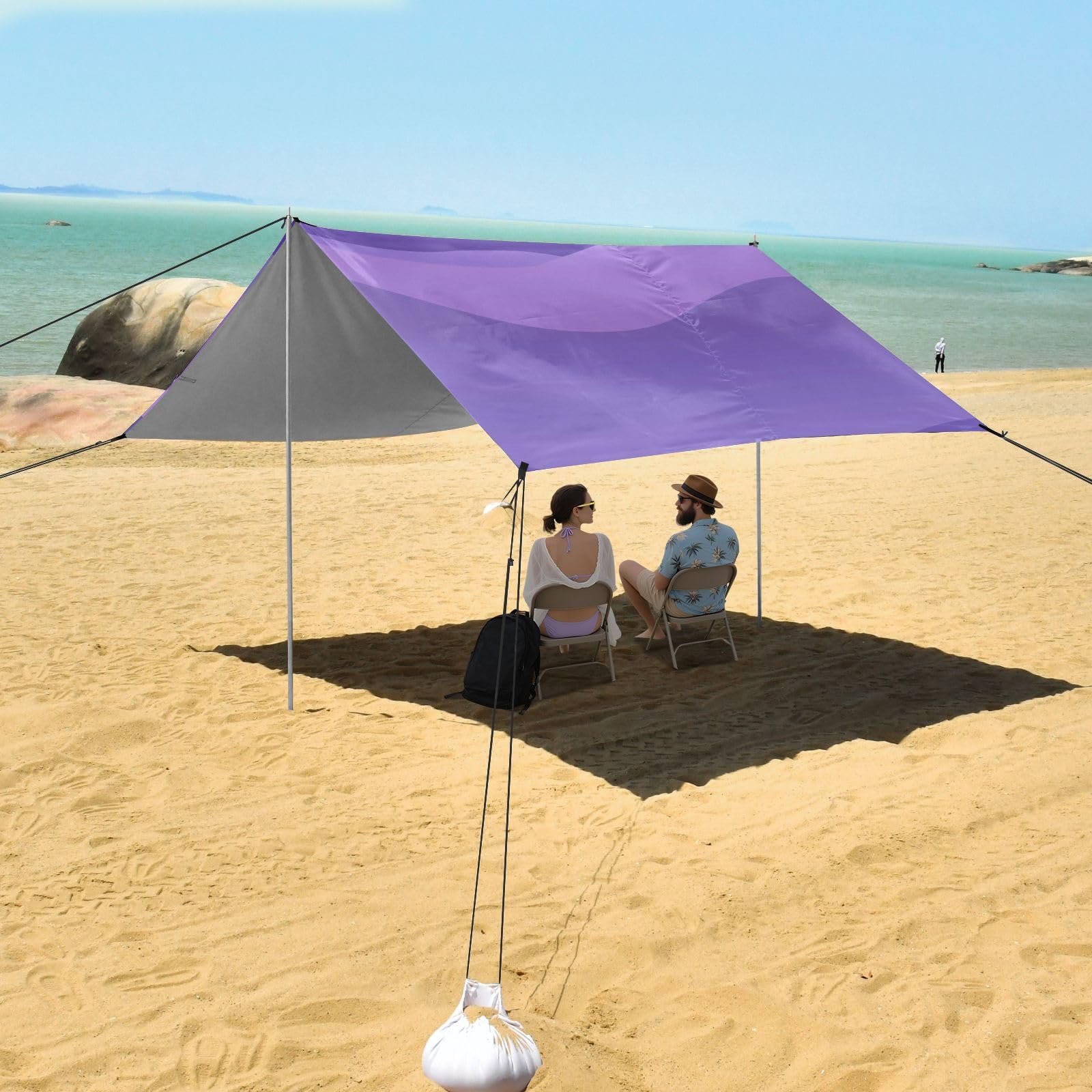 Grand pare-soleil imperméable avec pelle à sable, sac de sable pour camping, pêche, loisirs dans le jardin ou pique-niques Violet
