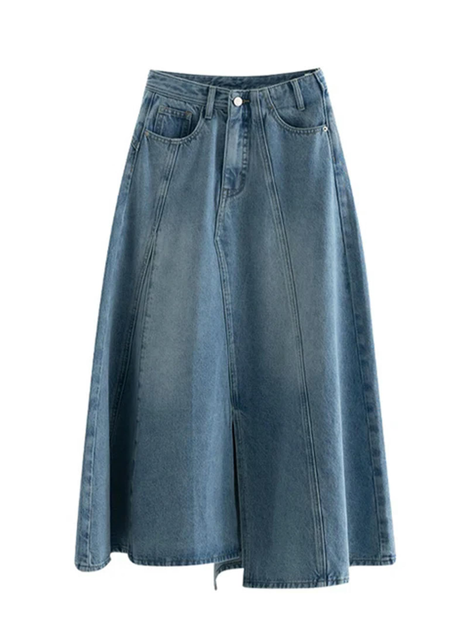 Otoño Invierno Mujer Denim Midi Abertura Una Línea Falda Vintage Moda Coreana Años 2000 Estética Ins Calle Clásica Mori Girl Party Chic-Azul-S