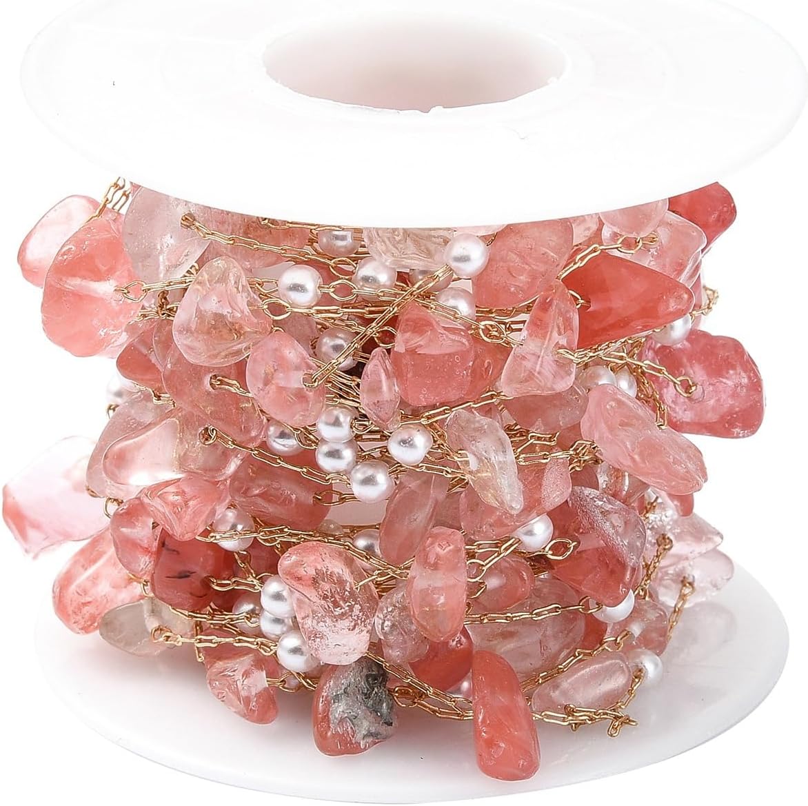 LiQunSweet 5 Meters Pink Natural Rose Quartz Brass Chains with ABS Plastic Imitation Pearl Beads for Sunglass Holder Strap DIY Jewelry Making Accessories