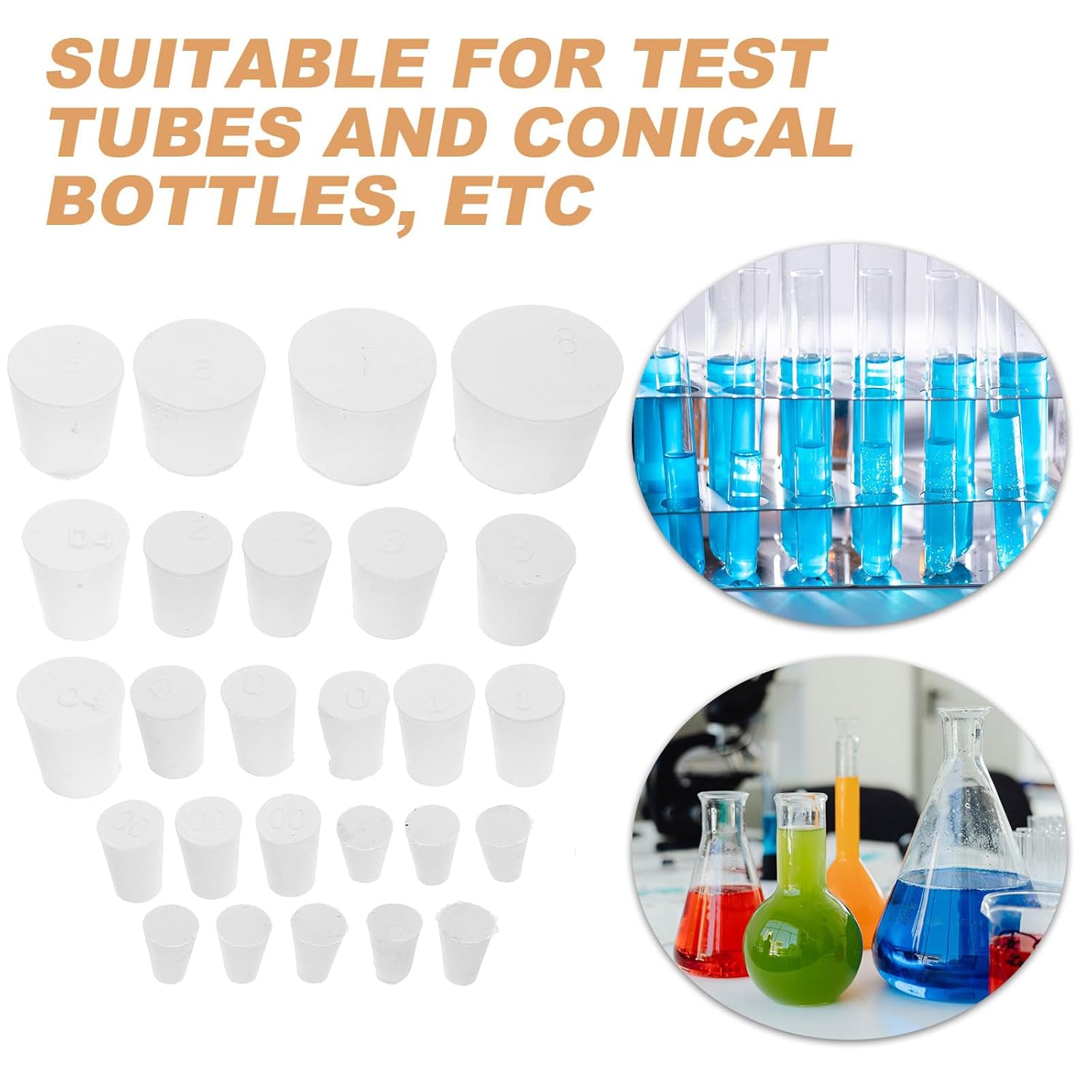 26pcs Solid White Rubber Stoppers Set, Test Tube and Flask Sealing Plugs, Assorted Sizes 000# to 8#, Laboratory Rubber Hole Plugs for Lab Consumables and Scientific Use