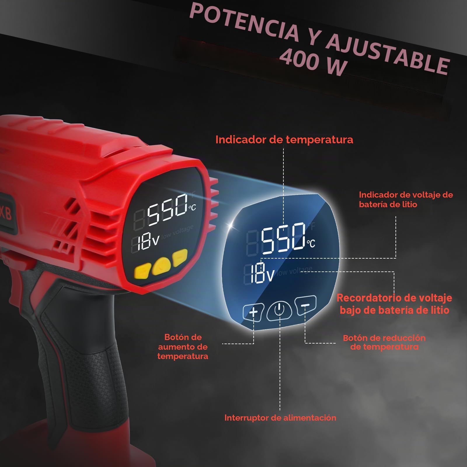 Pistola de aire caliente con pantalla inalámbrica para batería Milwaukee de 18 V de ion de litio, 400 W, 1022 ℉ (550 ℃), pistola de calor con protección contra sobrecarga, 4 boquillas para soldar,