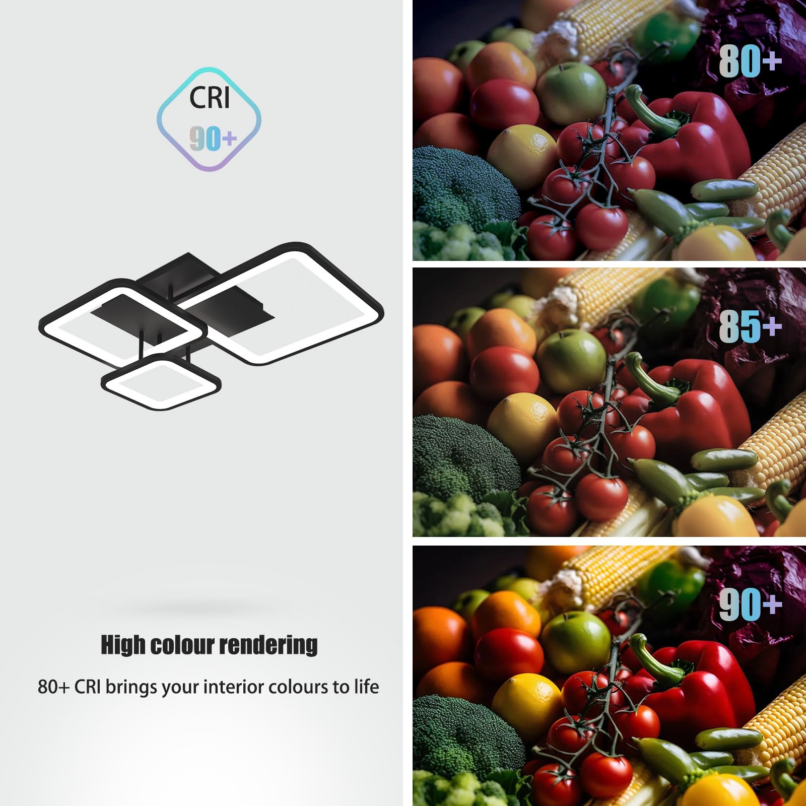 Lámpara de Techo LED empotrada de 48 W, Color Negro, Regulable, 3000-6000 K, Cuadrada, Moderna, de 20 Pulgadas, para Sala de Estar, Dormitorio, 52 cm