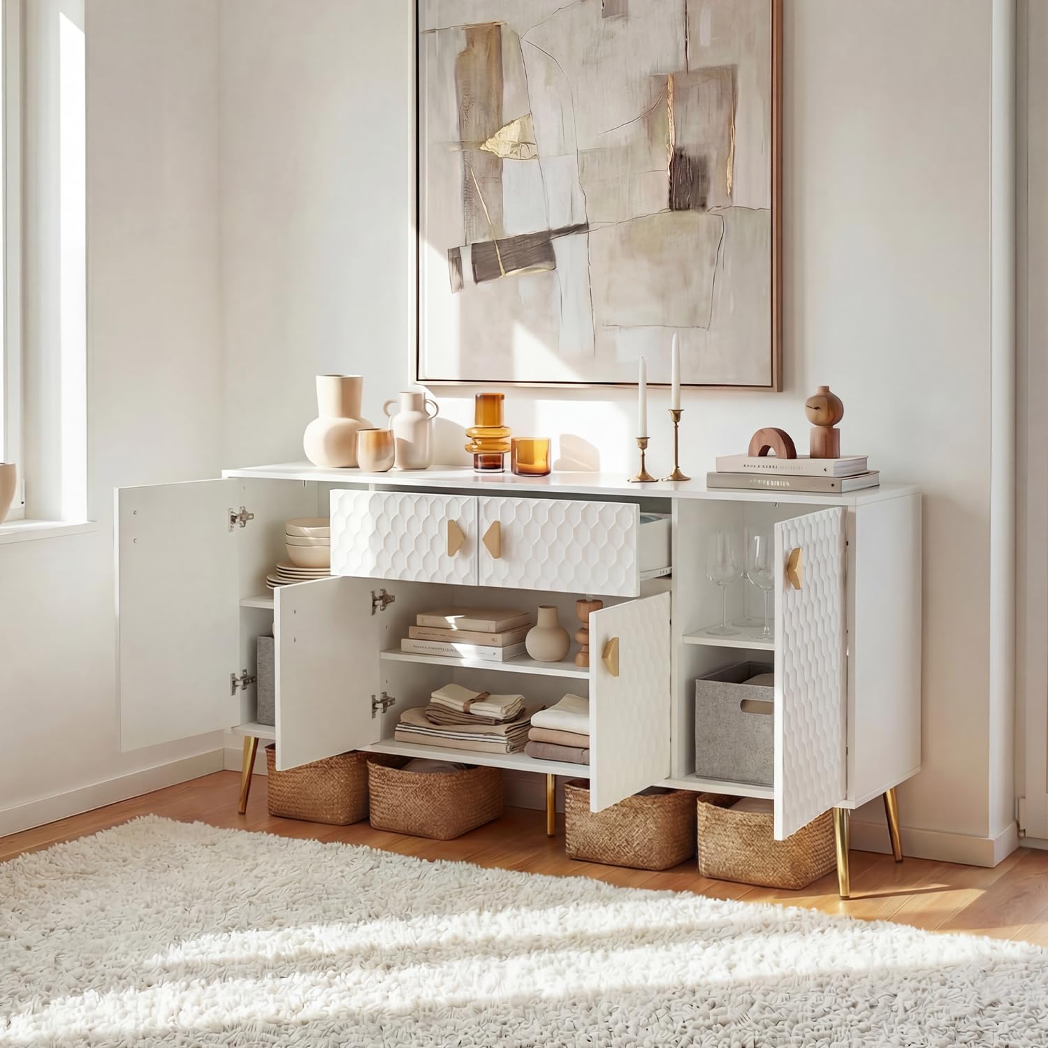 Sideboard 160 cm mit Strukturfront & 4 Türen, Weiß-Gold