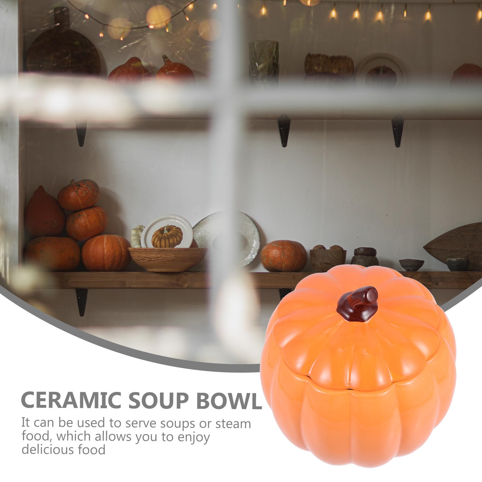 Ciieeo Tazón de Sopa de Calabaza 1800ml Cerámica Naranja Tapa y Asa | Decoracion Otono, Recipiente de Cerámica para Alimentos, Tazón de Sopa Decorativo