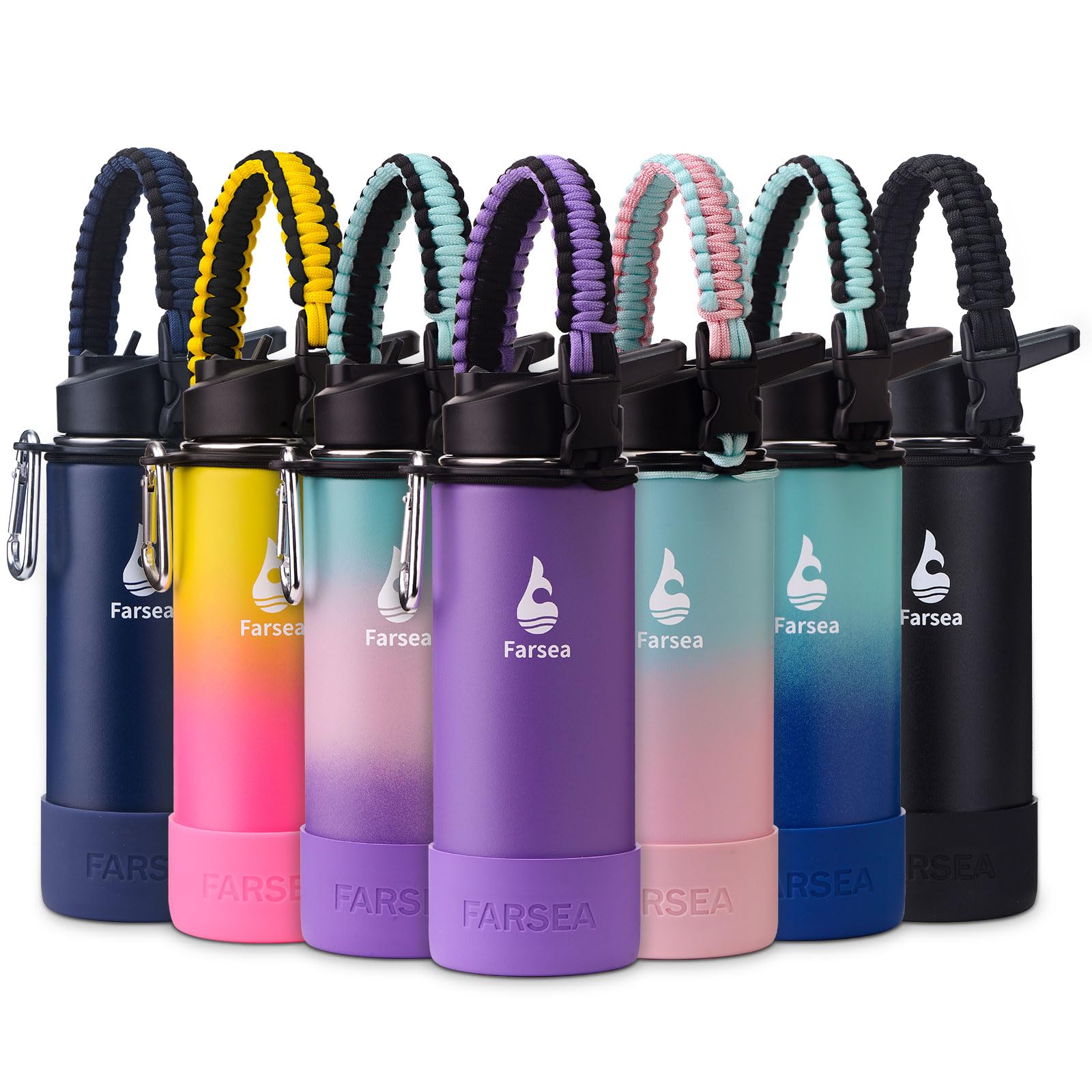 Farsea Insulated Water Bottle With Paracord Handle, Protective Boot and 2 Lids (Straw Lid & Spout Lid), Stainless Steel Water Bottle Wide Mouth,