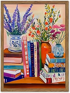 Vintage Floral Book Wall Art Color Book Still Life Wall Decor Painting Pictures Fashion Flower Bookshelf Poster Canvas Print Artwork for Bedroom Living Room 16x24 inch Wood Framed