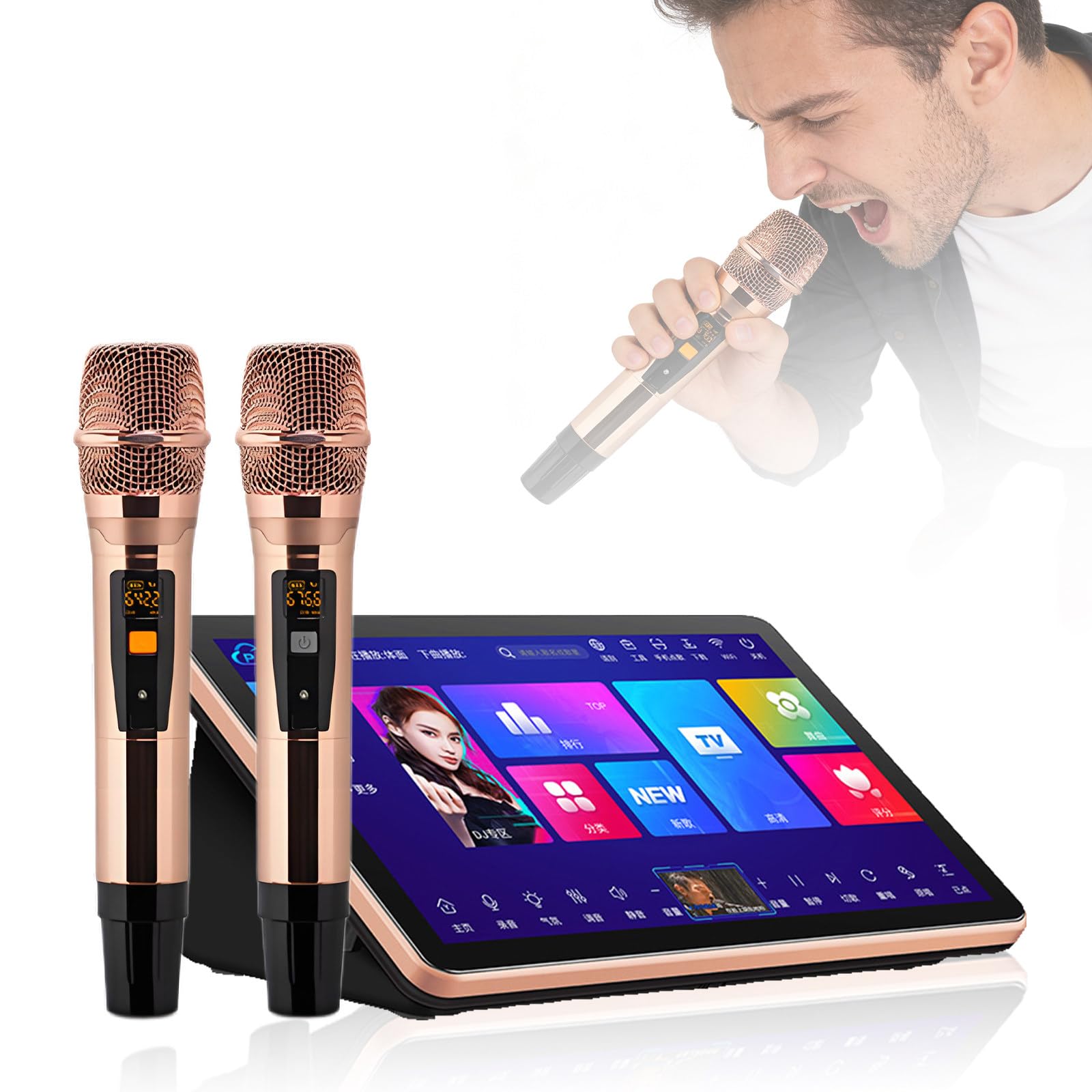 Sprzęt do karaoke, 18,5 cala, pojemnościowy ekran dotykowy, profesjonalny bezprzewodowy mikrofon z efektami, pobieranie utworów z aktualizacji chmury, domowe karaoke A-1T