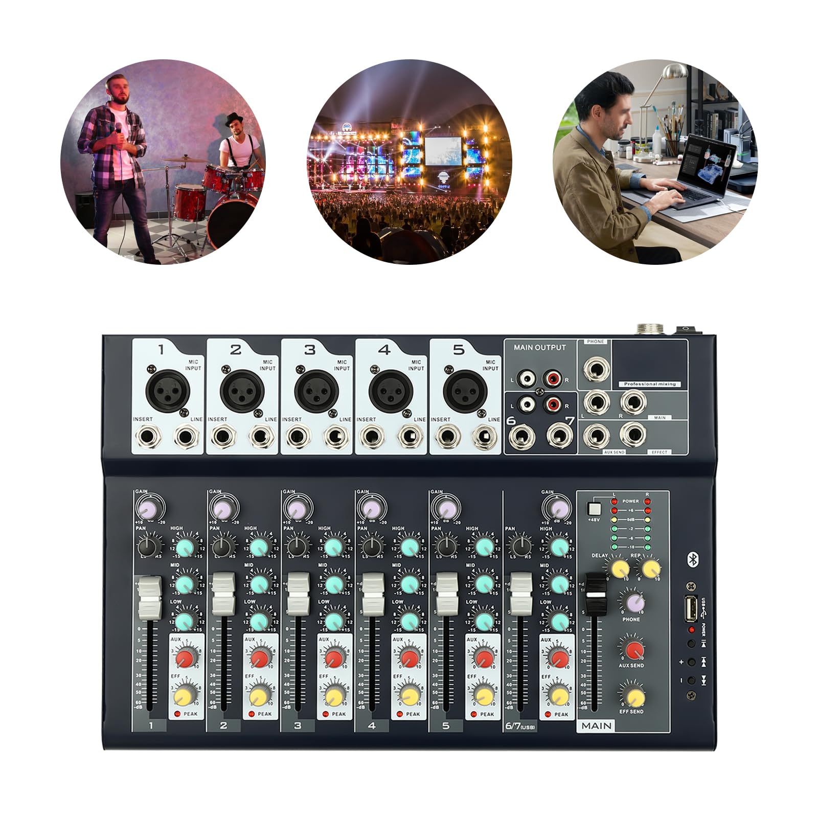 Mixer, mixer audio a 7 canali con Bluetooth, amplificatore audio USB, console mixer per live, registrazione, PC, karaoke e voce di gioco