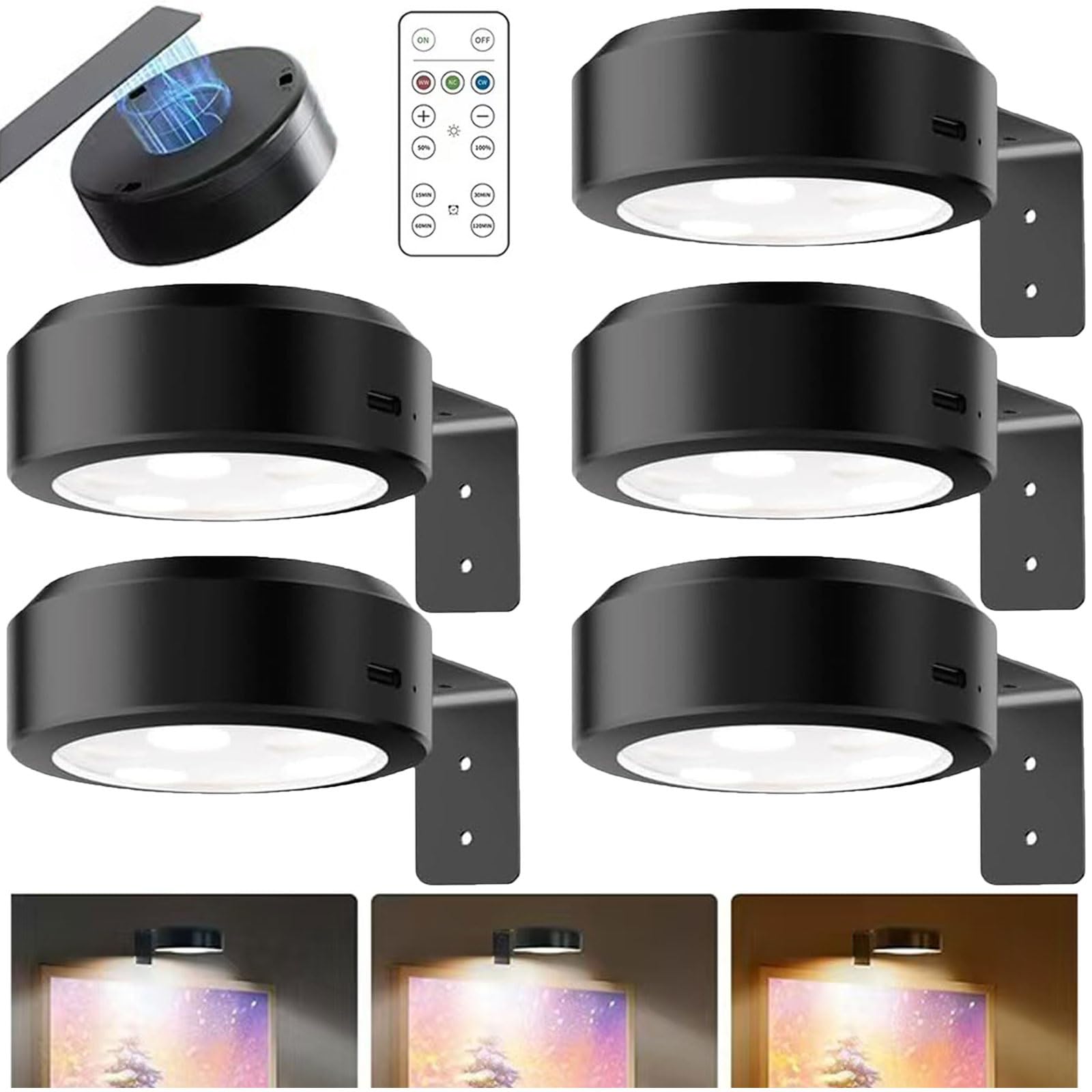 Lot de 5 lampes LED sans fil pour tableau – Éclairage mural à intensité variable avec minuterie à distance 3 températures de couleur – Design magnétique pour cadre (noir)