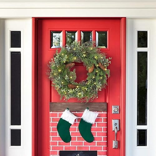 Miniatura 5 de Corona de Navidad preiluminada para puerta delantera, corona verde decorada con conos de pino, racimos de bayas, ramas de ajuste abundante, coronas