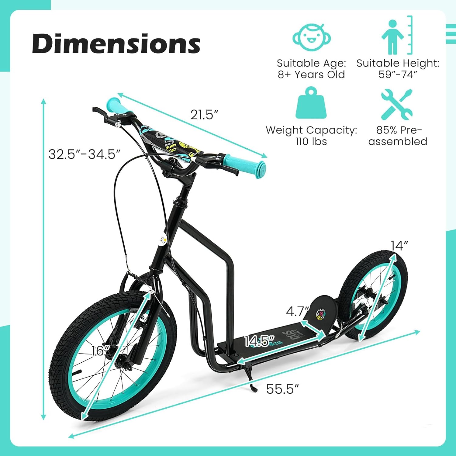 GYMAX Youth Scooter, Height Adjustable Kick Scooters with Extra Large Inflatable 16” Front & 14” Rear Wheels, Dual Hand Brakes & Kickstand, Heavy Duty Scooter for Teens Adults