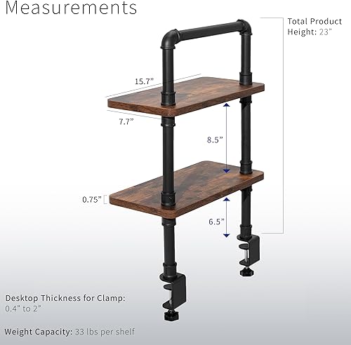 Miniatura 3 de VIVO Clamp-on - Estantería de mesa de tubería industrial de 2 niveles de 16 pulgadas, organizador de extensión de escritorio resistente, estante de