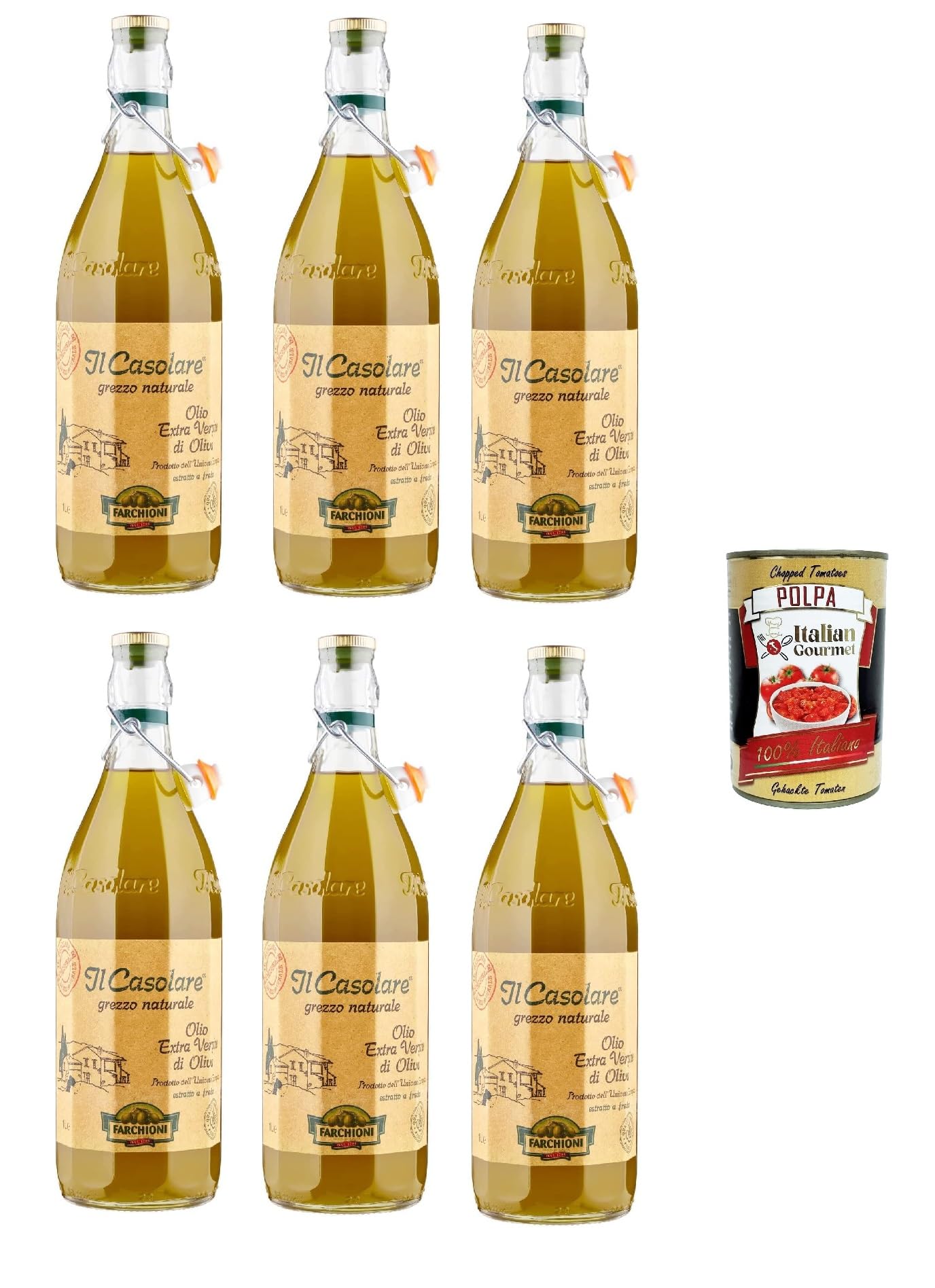 Italian Gourmet Casolare olio extravergine di oliva natives Olivenöl 6 x 1L | 100% italiano, kalt gewonnen, fruchtiges Aroma für Salate, Antipasti, Pasta, Gesamtnettogewicht 6 L + Kostenlos Polpa 400g