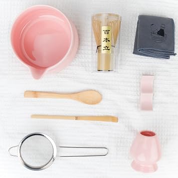 Matcha Whisk Set 8 Pcs Matcha Kit Ceramic Matcha Set Includes Matcha Whisk and Bowl Matcha Whisk Holder Bamboo Scoop Tea Plucking Scoop Rest Sifter and Tea Towe Gift for Matcha Lovers BeginnerPink