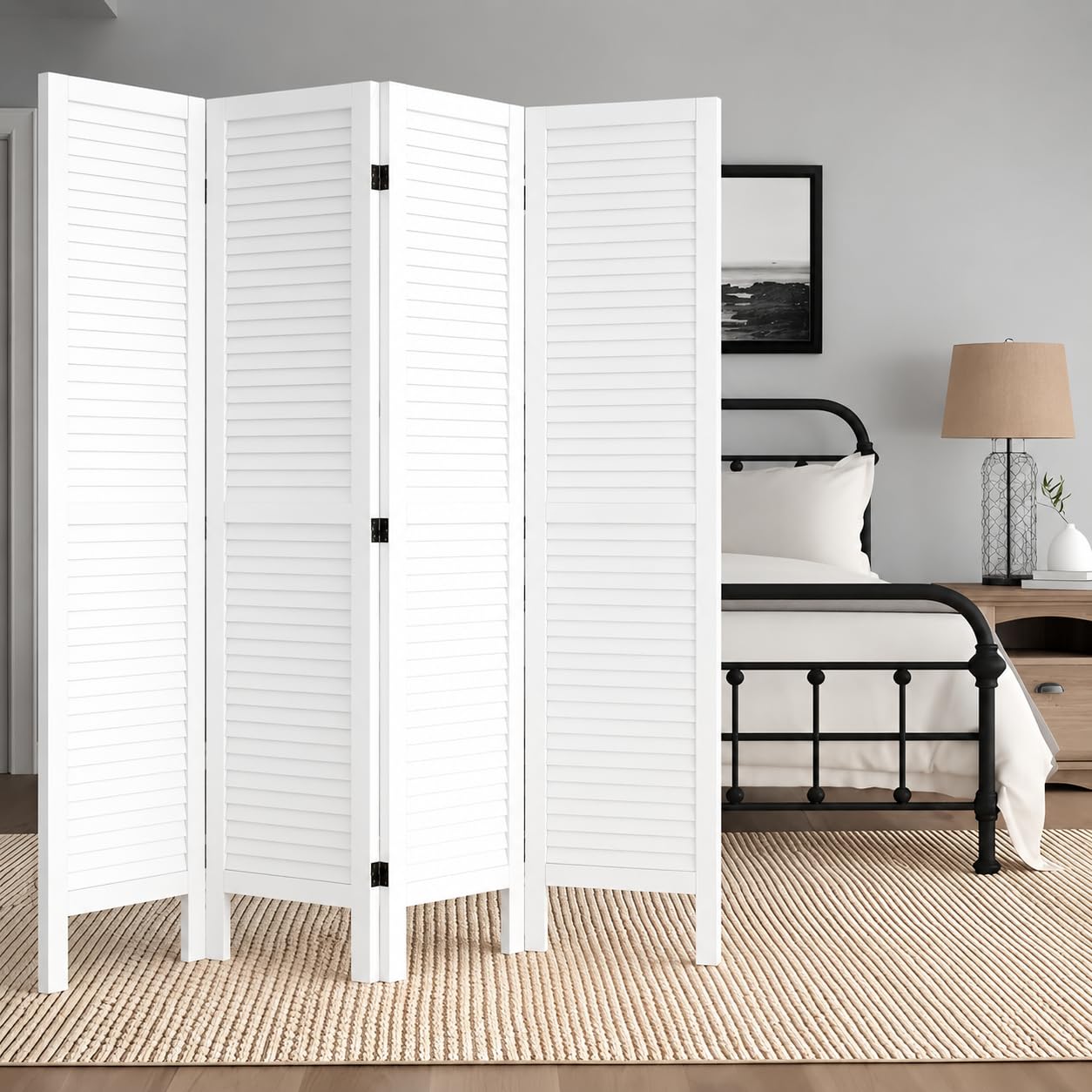 Wooden Room Divider Partition - Foldable Wood Screen Separator for Living Room, Bedroom, Office, Restaurant || Patti Design, White (4 Panel)-picture-14