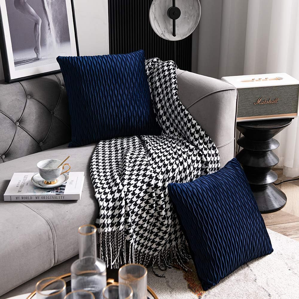 Navy Striped Couch Pillow Cases: 2 Pack 18x18 Inch Original Velvet Square Throw Pillow Covers for Farmhouse Home Decor - Image 3