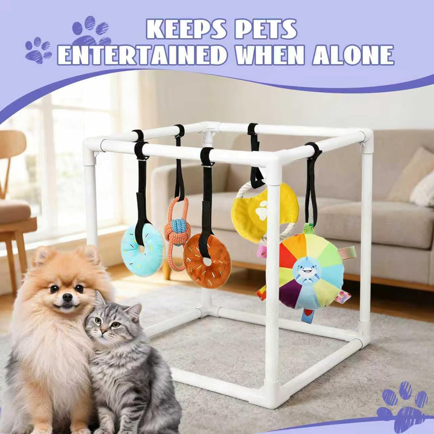 Dog Playground - Assembly Frame with 5 Interactive Toys, Indoor Dog Gym Set | Chew Teething Training Calming Activity Station for Puppies Dogs, Floor Play, Boredom Relief, Home Exercise Fun