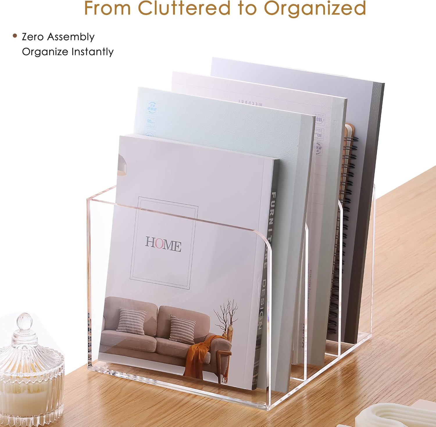 SANRUI Clear Acrylic File Organizer - 3 Compartments Magazine Holder, Vertical File Sorter for Home Office/Classroom/Dorm, Non-Slip Desk File Rack, No Assembly Required, B5 Size
