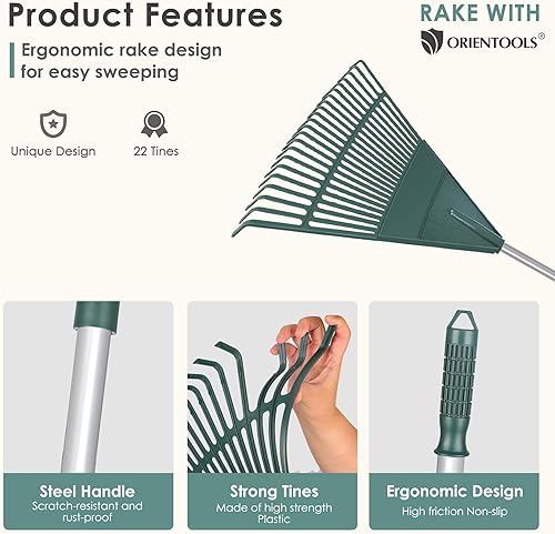 Miniatura 3 de ORIENTOOLS Rastrillo para hojas, rastrillo ajustable para hojas de jardín, rastrillo de polietileno de acero ligero, 22 púas, 42 a 60 pulgadas