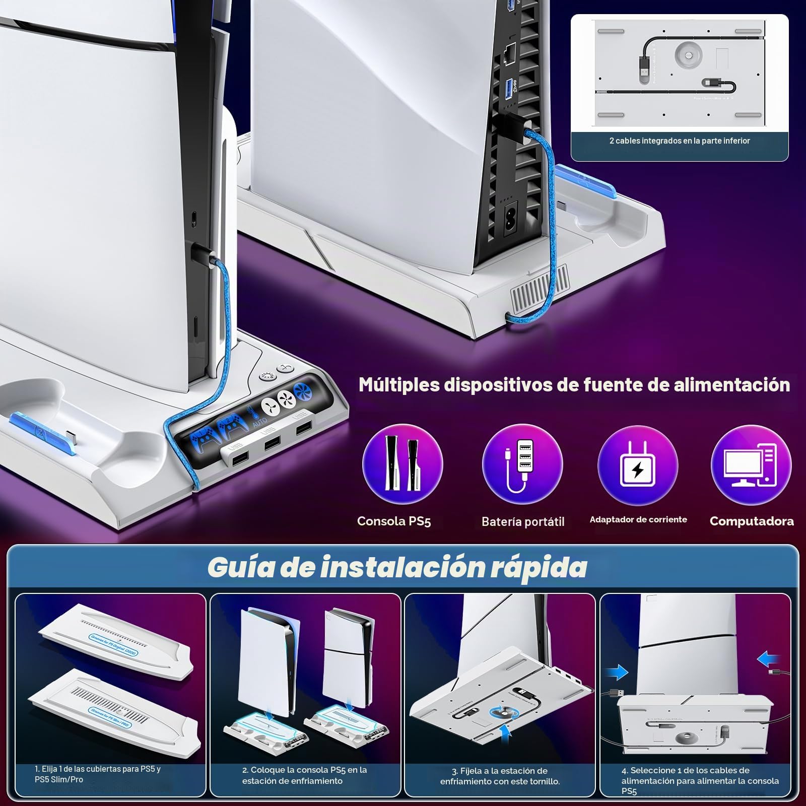 Tokluck Soporte de Refrigeración para PS5 Pro/PS5 Slim/PS 5 con Ajuste Automático, Base Carga Mando PS5 con Ventilador de Refrigeración de 4 Etapas, Accesorios PS5 Original/Edge Controller