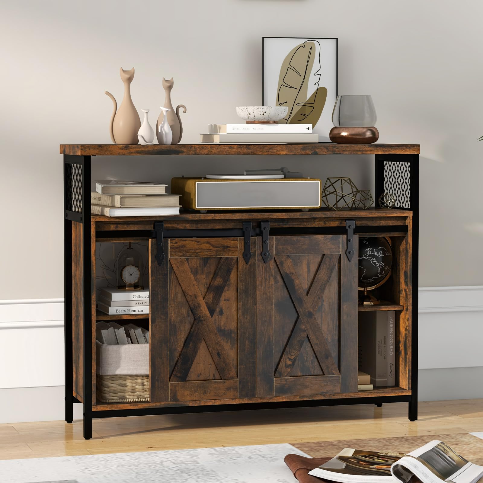 GOPLUS - Mueble de almacenamiento de cocina con 2 puertas correderas, aparador de cocina estilo industrial con 6 compartimentos abiertos y patas ajustables para sala de estar, cocina, 100 x 33 x 88 cm