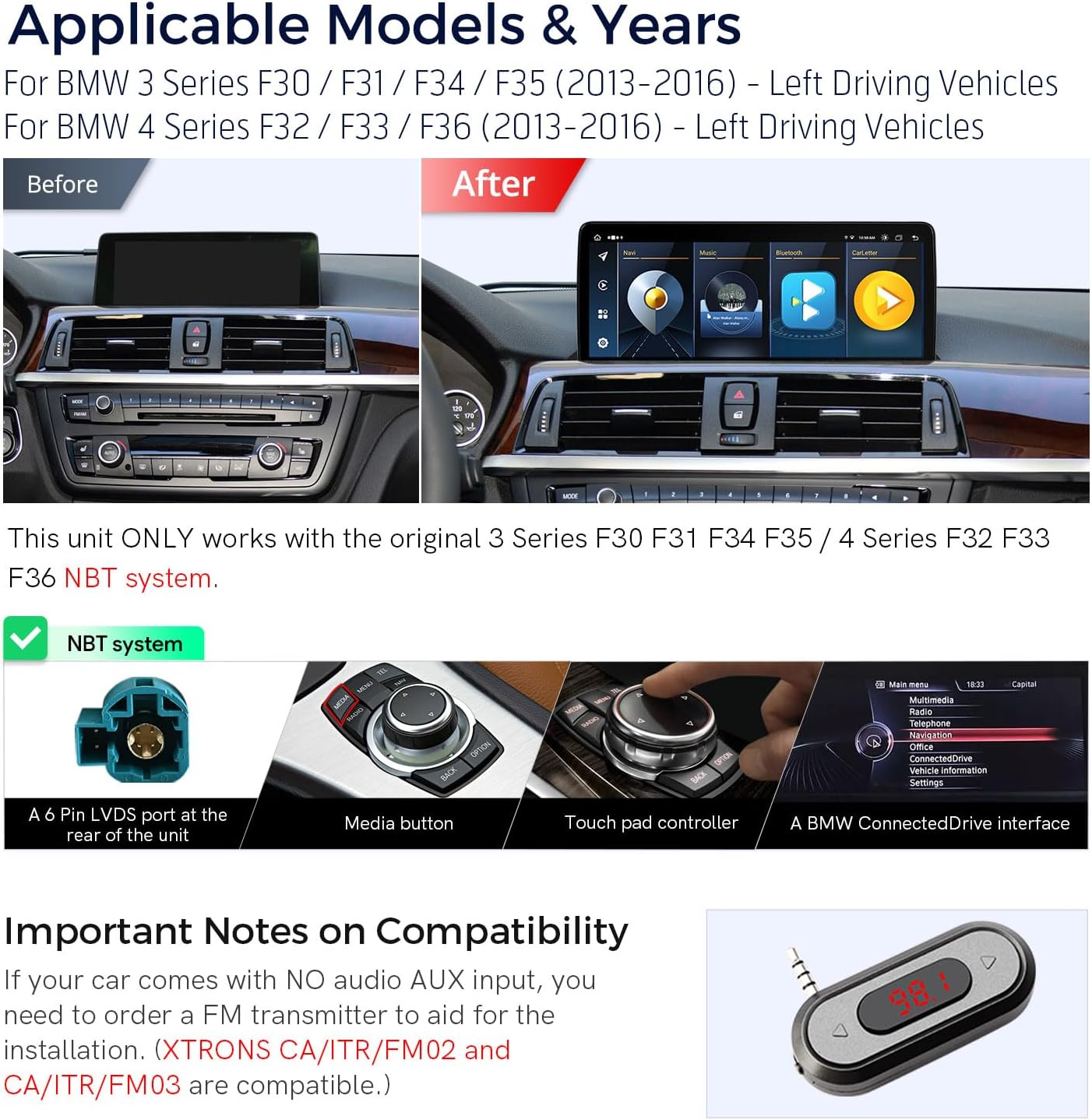 Before and after installation of the XTRONS car stereo in a BMW dashboard, showing the NBT system check and compatibility notes.