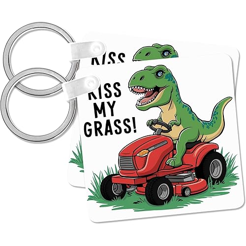 3dRose, Funny Cute Green T-rex Dinosaur on Riding Lawn mower Kiss my Grass, Key Chain