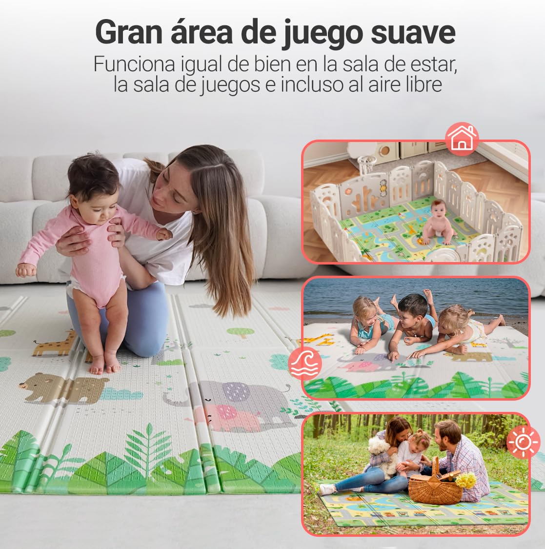 MIKMEL Alfombra Bebe Acolchada Plegable Reversible – Tapete Actividades y Juegos para Niños, Colchoneta de Suelo XPE Impermeable para Gateo – Diseño Carreteras/Animales – 180x150x1cm