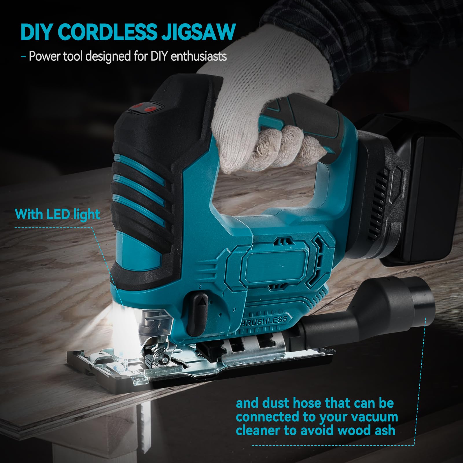 Scie sauteuse électrique sans fil pour Makita 18 V, 500 W sans balais avec lumière LED, angle de coupe biseauté ± 45°, 9 lames à tige en T, course de 19 mm pour bois, plastique, métal