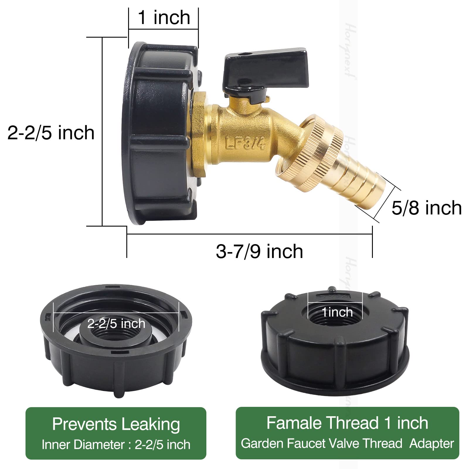 Kit de válvula dentro de adaptador de tanque IBC de rosca gruesa de 2-2/5 pulgadas, sin plomo 5/8 pulgadas O.D. espiga de púas de latón, para manguera de jardín