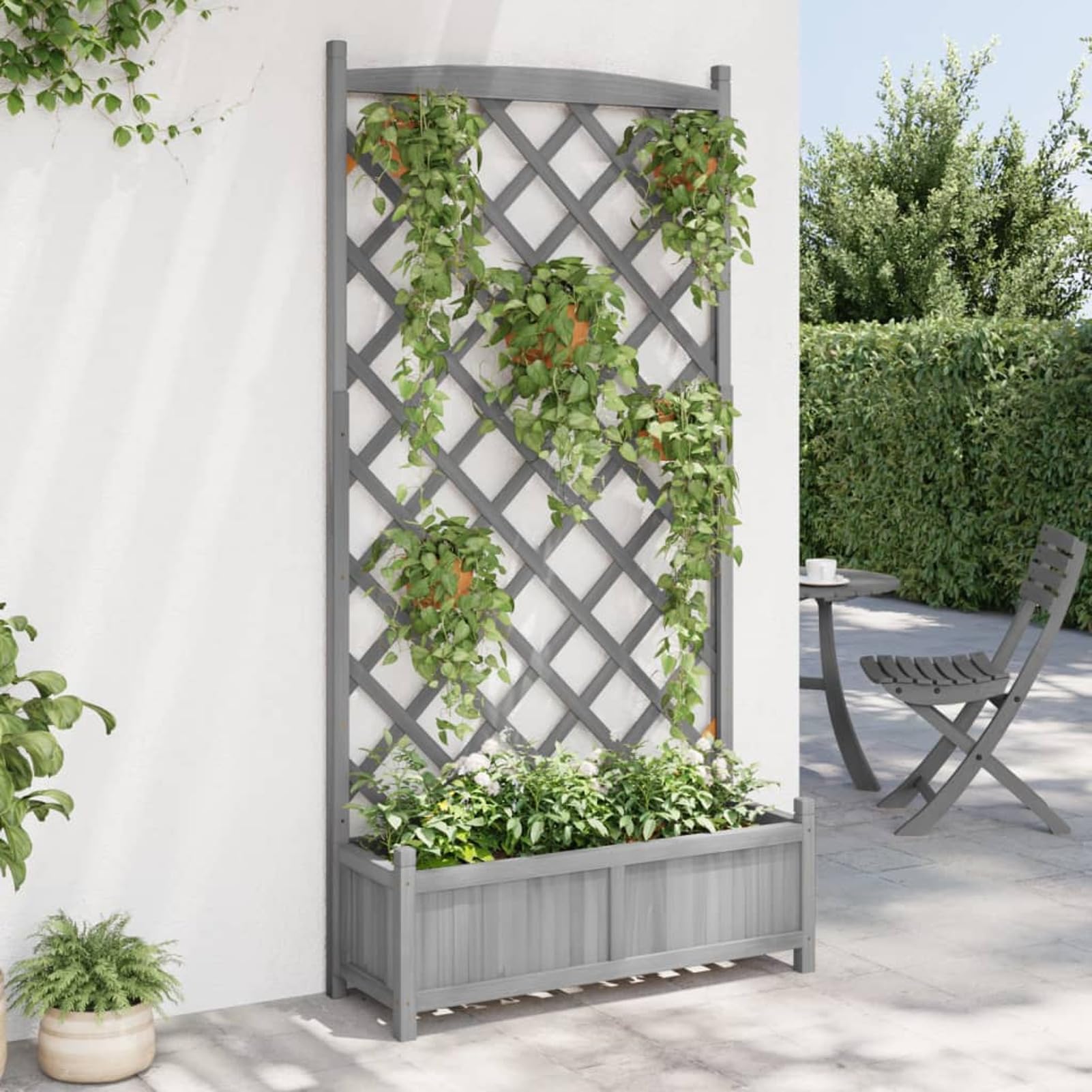 Homgoday Pflanzgefäß für den Außenbereich, Pflanzgefäß für den Garten, Pflanzgefäß mit grauem Rankgitter aus massivem Tannenholz