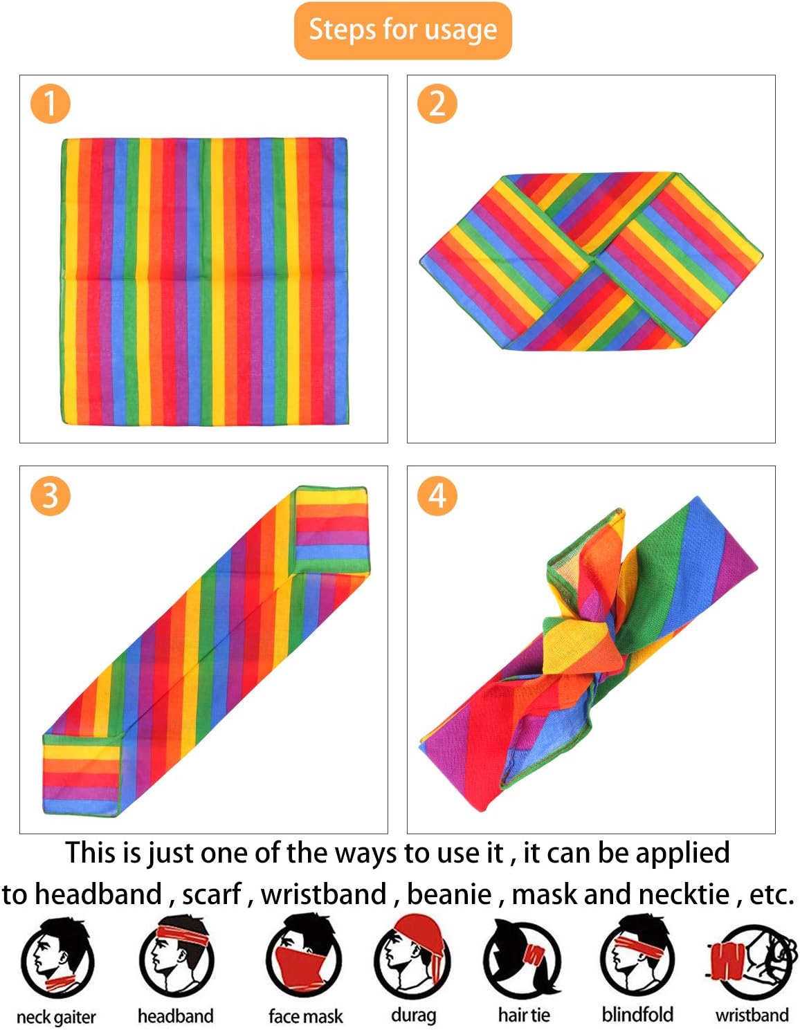 Unime 6 Pack Rainbow Bandanas Stripe Square Scarf for Party Celebration Supplies, 21.7x21.7 inch - Image 3