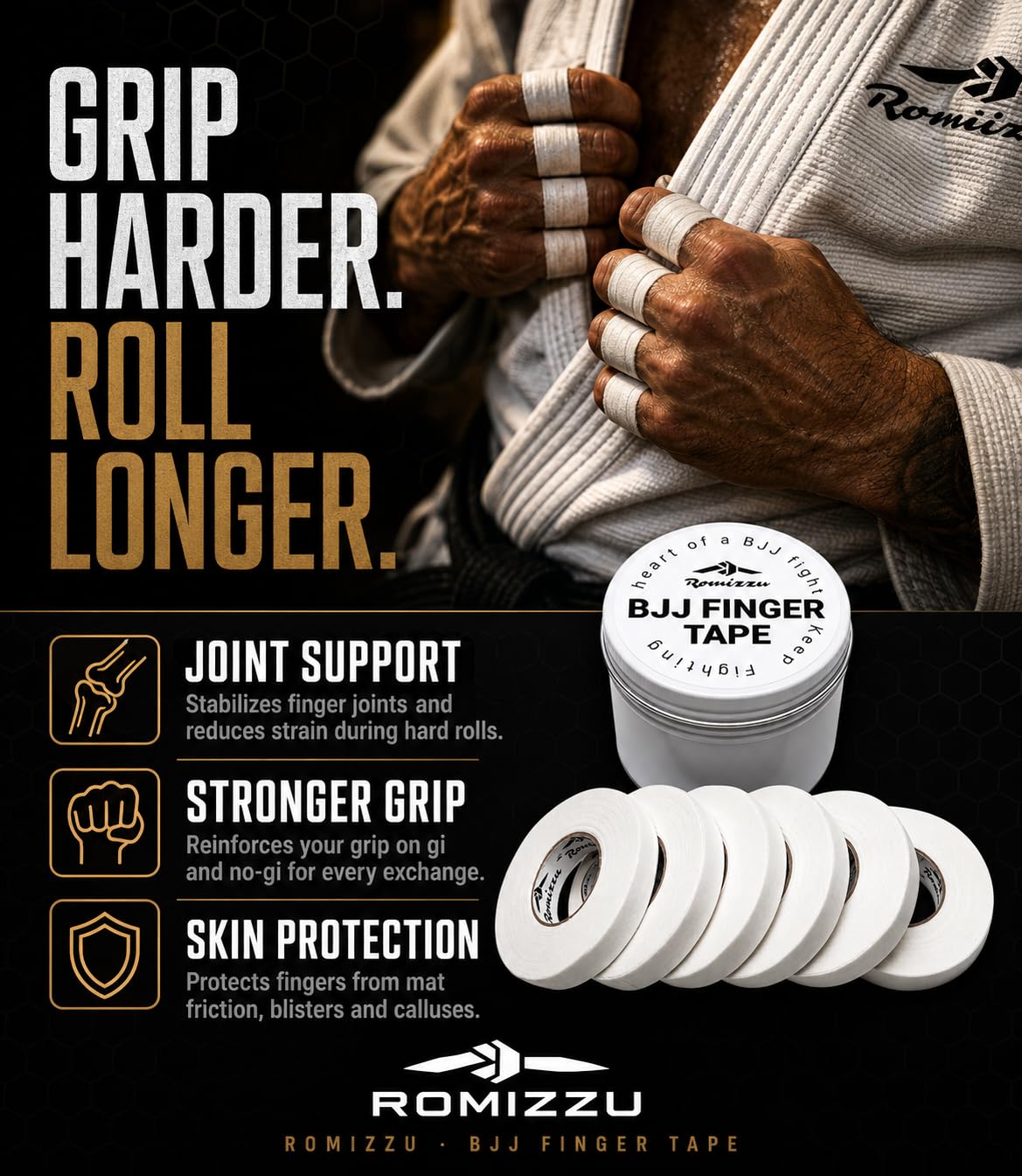 BJJ Finger Tape with Metal Storage Tin - 6 Rolls (26ft) Grappling Tape, MMA