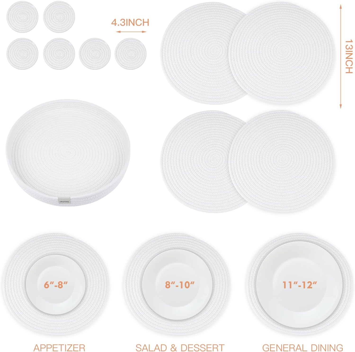 Woven Cotton Rope Round Placemats Set of 4 with Holder Included,13" Placemats&4.3" Coasters,White Round Table Mats -Natural Heat Resistant Place mats for Dinner Plates Table Decor