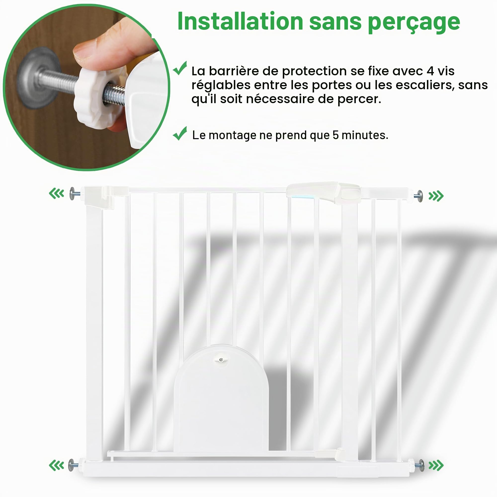UISEBRT Barrière de sécurité d'escalier, Barrière de sécurité de porte, sans perçage, Barrière d'escalier avec porte pour chat, Porte pour animaux, pour largeurs de 75 à 85 cm, Fermeture automatique