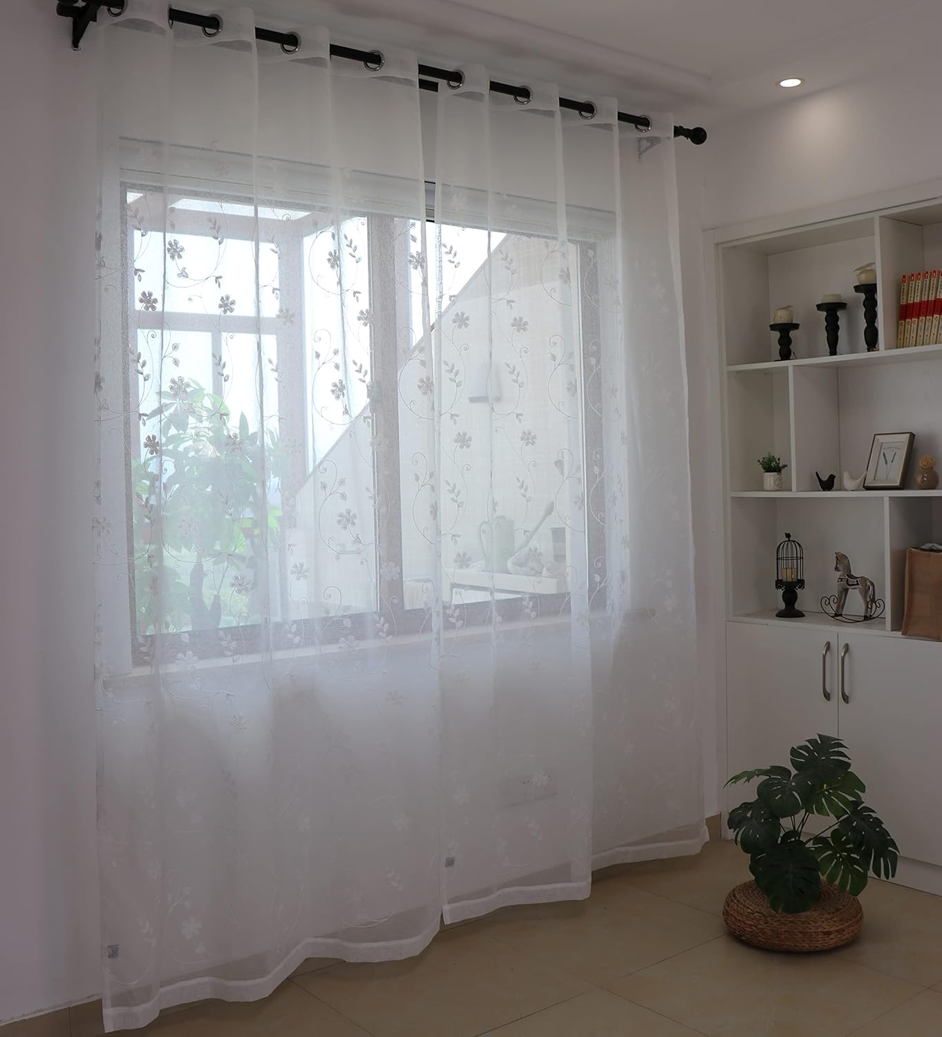 SLOW SOUL Set of 2 Panels White Embroidered Flowers Sheer Curtains for Bedroom Living Dining Room Farmhouse Drapes Curtain with Grommets White 52W X 102 inch Length