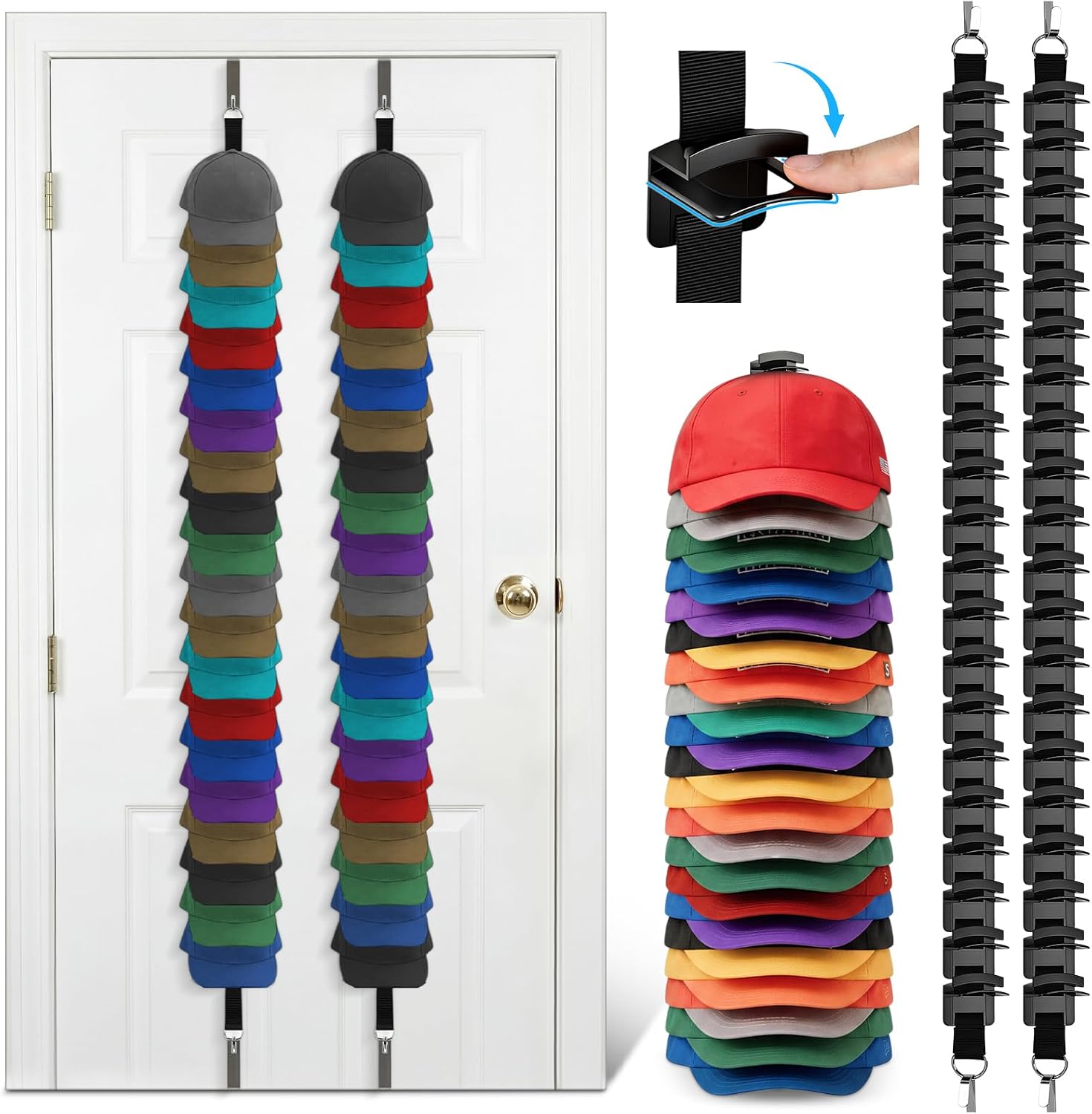 Gerrii 2 Pcs Hat Rack for Door, Double Capacity Hanging 40 Caps Storage Organizer with Display Hook and Hanger, over the Door Baseball Cap Holder Organizer Detachable for Bedroom Entrance Garage