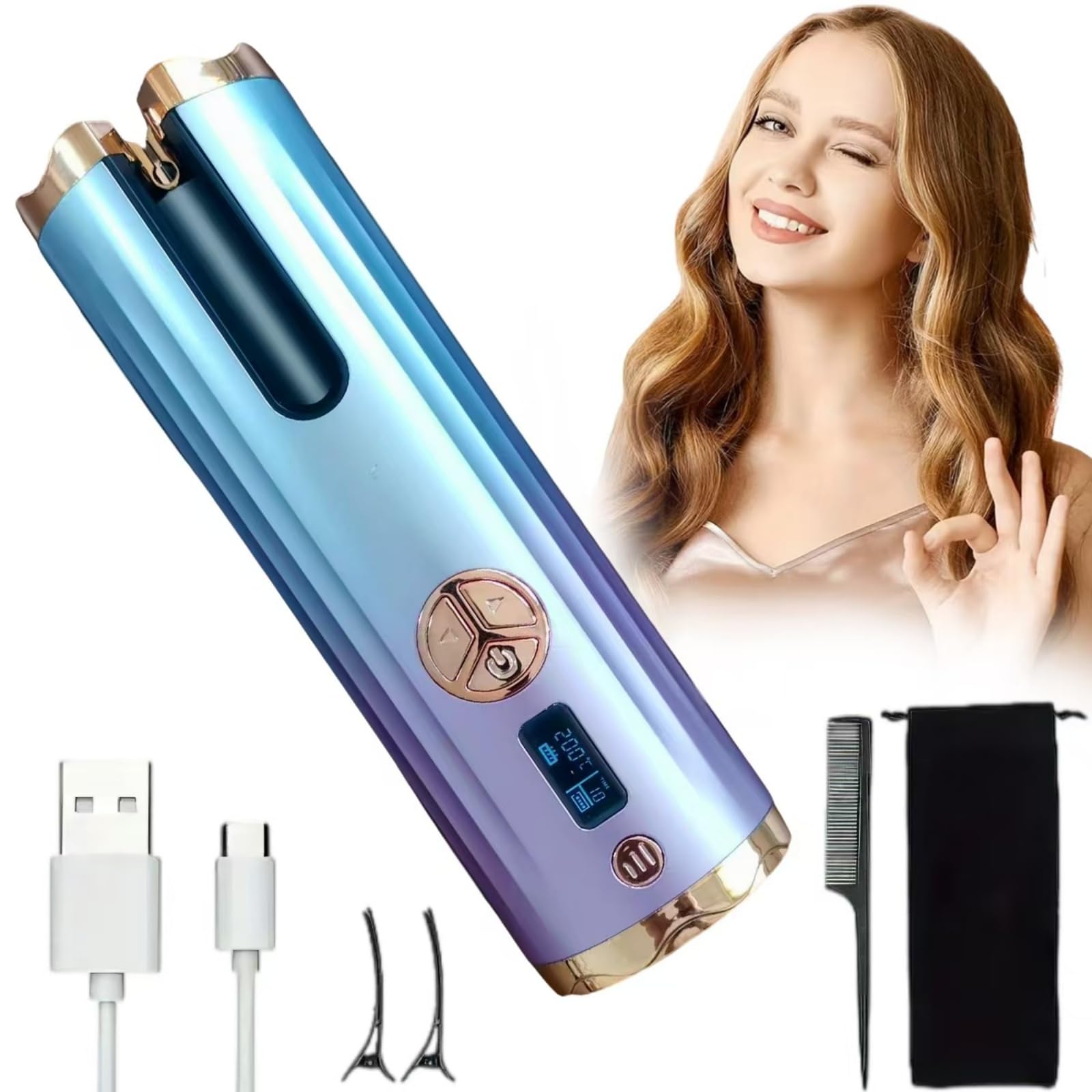 EMEBAY - Rizador de pelo inalámbrico recargable, rizador antigrietas con temporizador y 6 temperaturas, plancha de pelo automático rotativo degradado de color