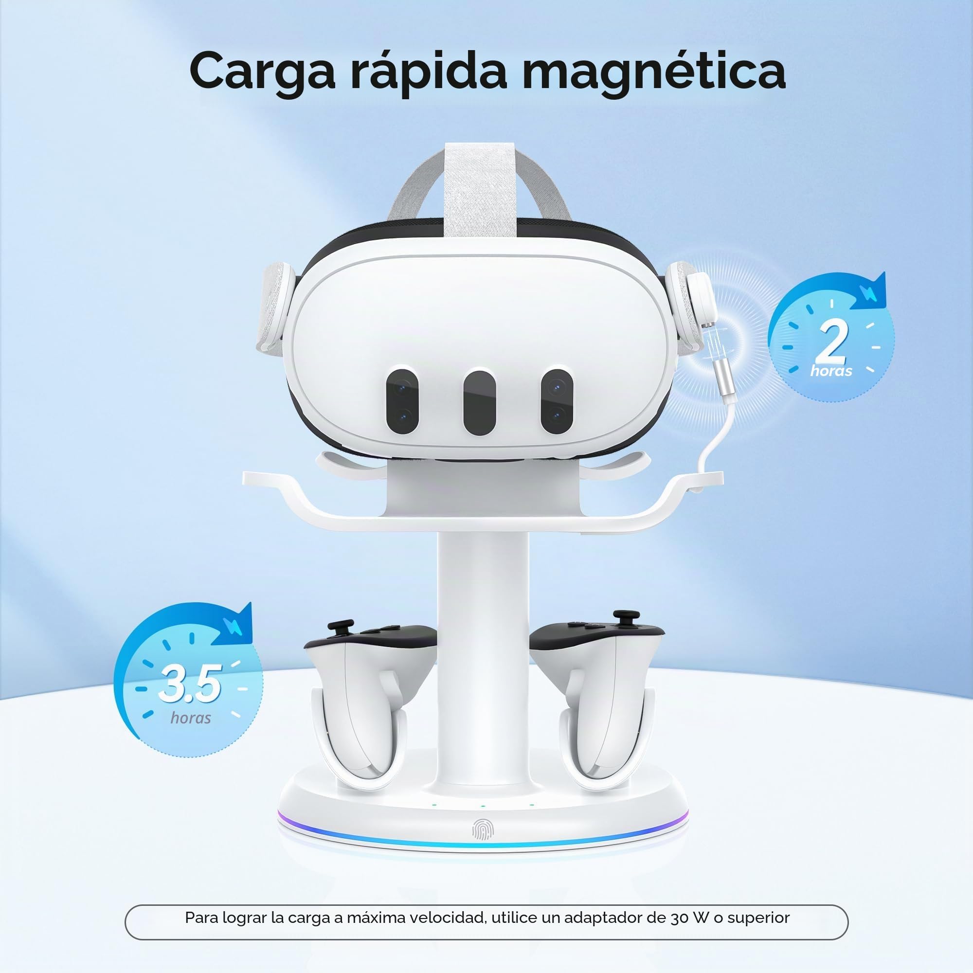 AMVR Estación de Carga Magnética para Meta Quest 3/3S | Soporte VR RGB, 2 Baterías de Mando, Protección de Sobrecarga, Ahorro de Espacio, Sin Adaptador