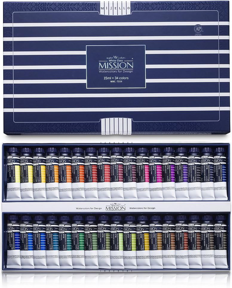 Mijello Mission Design White Water Color Paint Good Pigmentation Tube for Drawing Art work & Craft_ MWC-7034_34 Colors Set