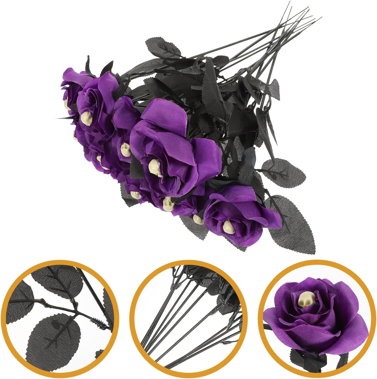 Operitacx Halloween Artificial Rose with Skull Decor, 10pcs Purple Creepy Faux Flowers for Halloween Party, Dark Style Home Decoration, Simulated Skull and Rose Arrangement