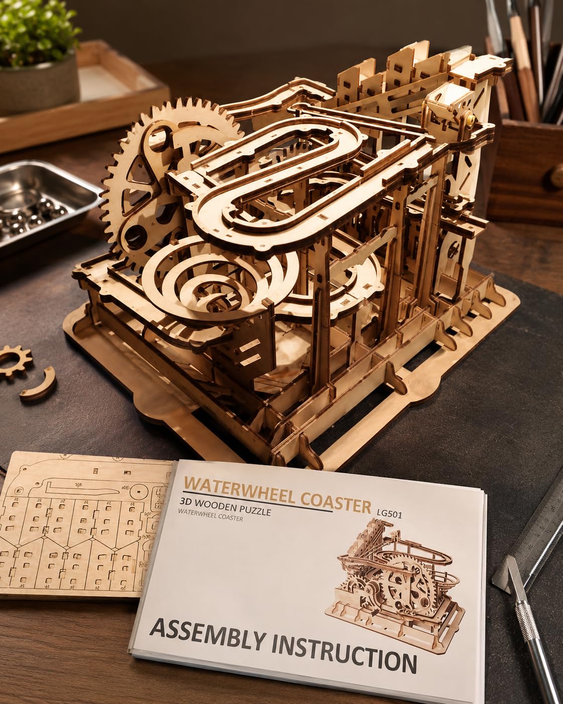 ROKR Maquette mécanique en Bois 3D Puzzle avec Jeu de Bille Brainteaser Waterwheel Coaster