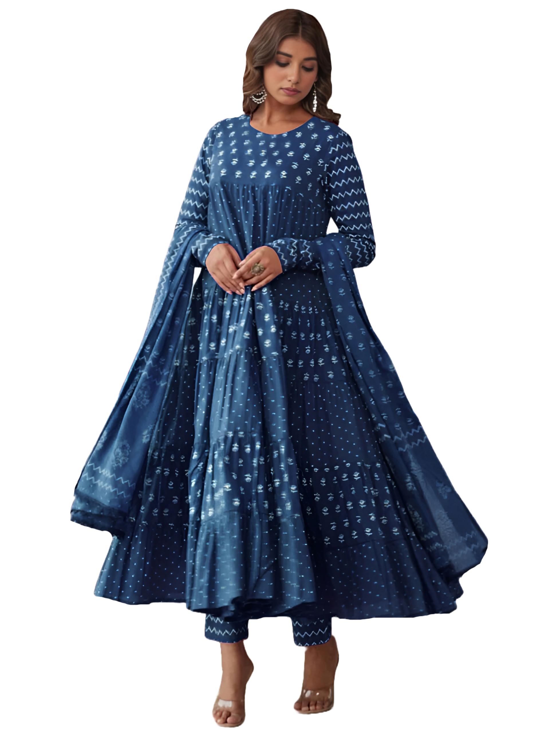 anni designer Pure Cotton Anarkali Kurta Palazzo Dupatta Set for Women | Flared Hem Style Kurta Set | 3 Piece Suit Set for Women Cotton | Festive Kurti Set (Blue & Pink)-picture-32