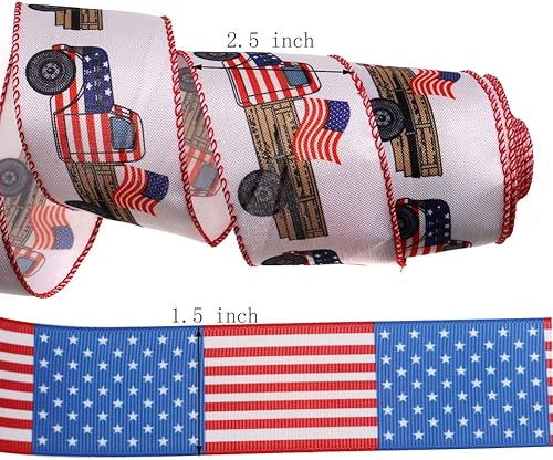 Miniatura 5 de Cinta patriótica del 4 de julio, cinta patriótica con alambre de bandera estadounidense, cintas rojas, blancas y azules, estrellas y rayas del 4 de