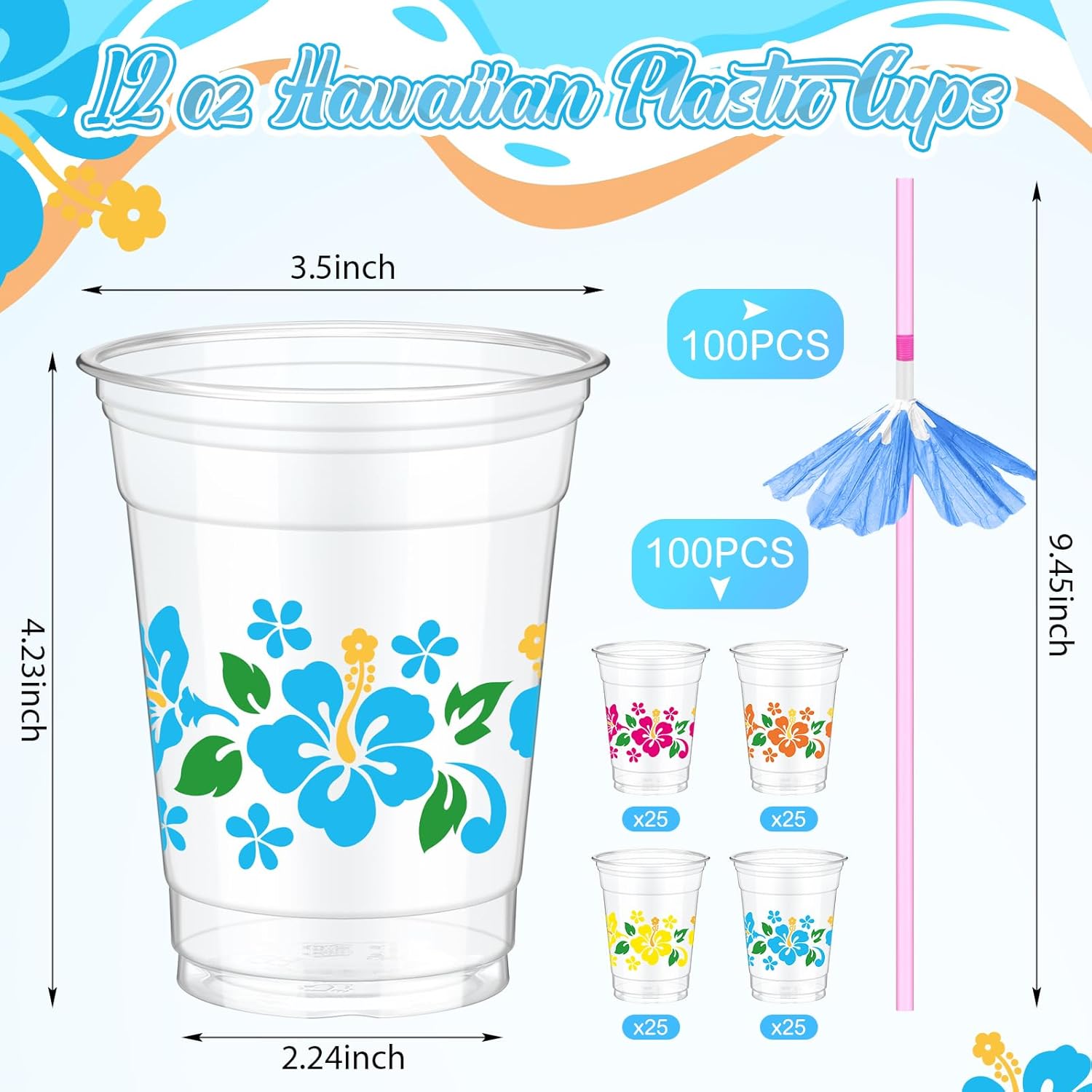Jingmore 100 Set 12 oz Hawaiian Plastic Cups with Umbrella Straws Hibiscus Disposable Drinking Cups for Beach Hawaiian Luau Party Supplies Drinkware Decorations