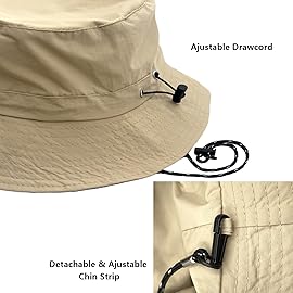 woogwin Waterproof Bucket Rain Hat with Chin Strap Quick Dry Packable Boonie Sun Hat Safari Hat UV Protection(Khaki)