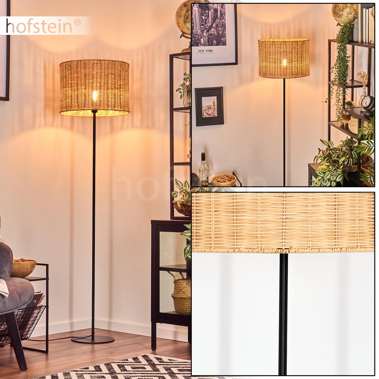Stehleuchte Cavaca, Stehlampe aus Metall/Bambus in Schwarz/Natur, Leuchte im skandinavischen Design mit rundem Schirm (Ø 40 cm) u. Fußschalter, Höhe 158 cm, 1 x E27, ohne Leuchtmittel