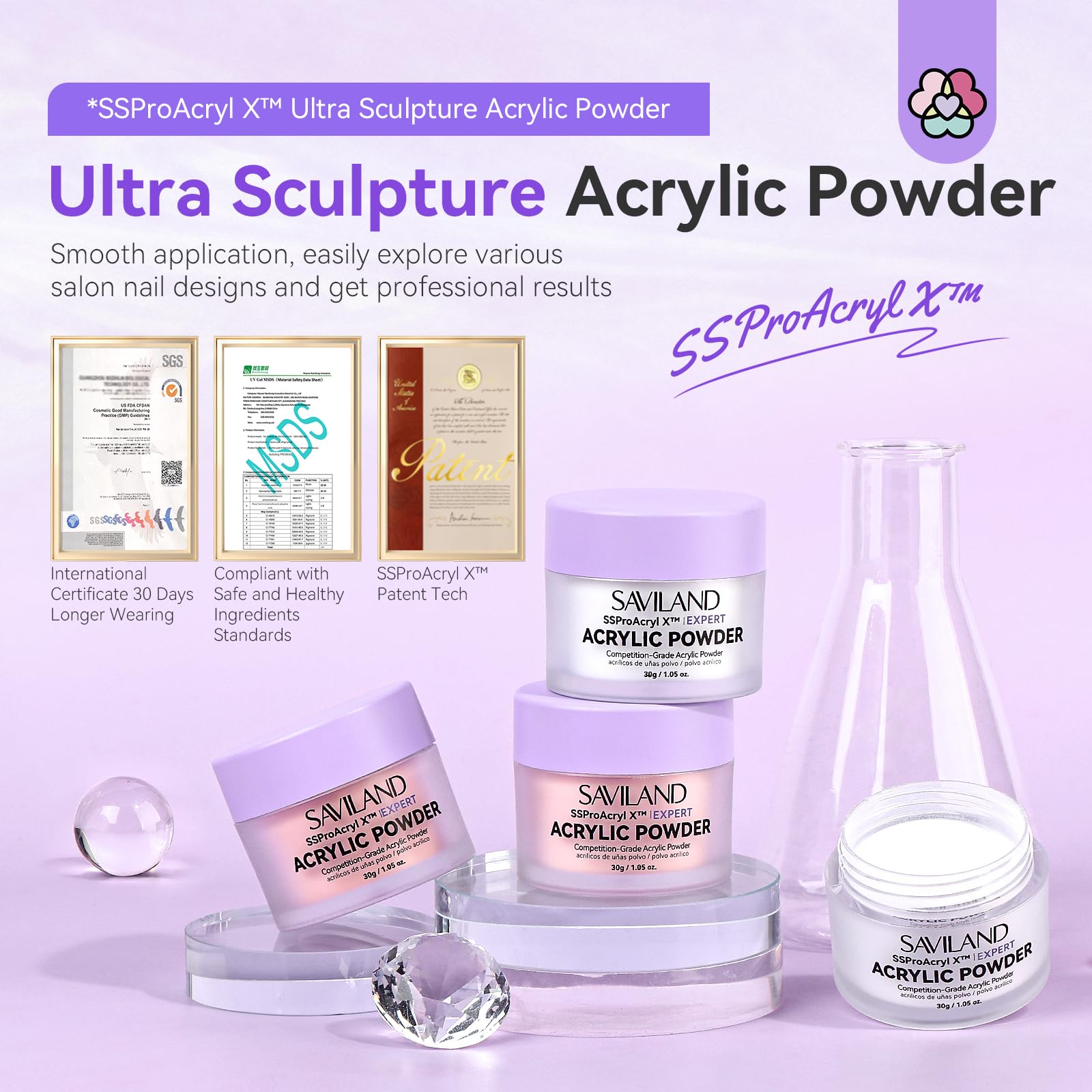 SAVILAND Acrylic Powder Set, 4x30g Clear White Pink Nude Colors, Professional Soak-Off Nail Powder for Extensions Carving - Image 2